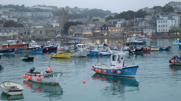 A serene view of Stöðvarfjörður's harbor at dawn with fishing boats gently resting on calm waters.