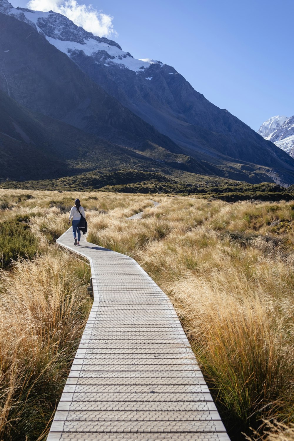 a woman walking down a path in the mountains