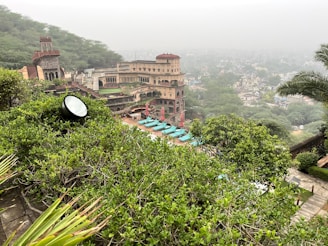 A stunning view of a luxury hotel in India surrounded by lush greenery.