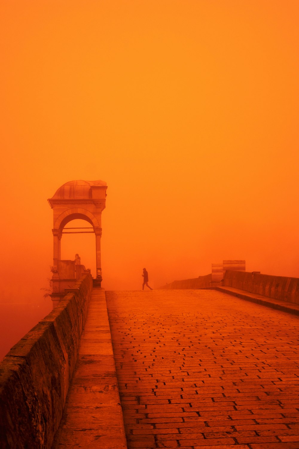 a person standing on a bridge in the fog