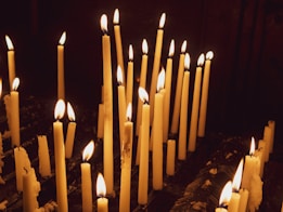 Numerous tall, wax candles are lit and arranged in rows, with soft, warm flames flickering in a dimly lit environment. Some candles are burned down more than others, and melted wax has dripped onto the surface below.
