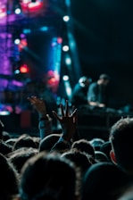 A lively concert scene with a crowd of people, one with a hand raised, enjoying the music. On stage, performers are visible in the background under vibrant, colorful lights featuring hues of blue, pink, and red.