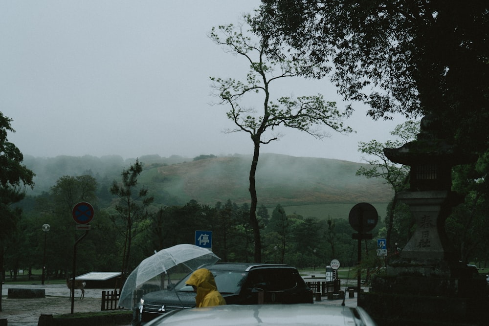 a person in a yellow raincoat holding an umbrella