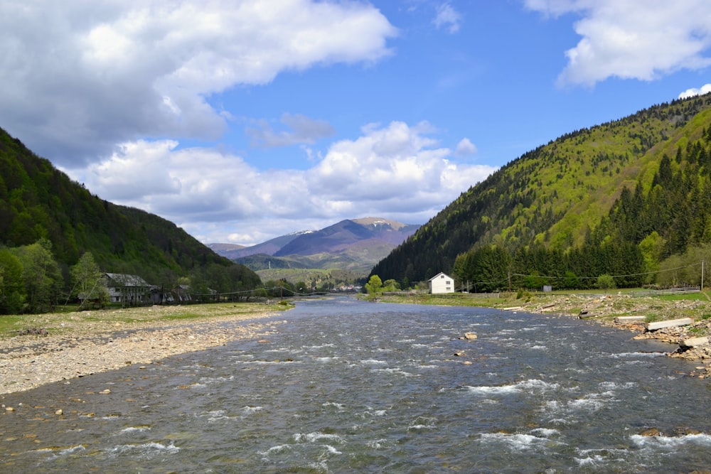 a river running through a lush green valley