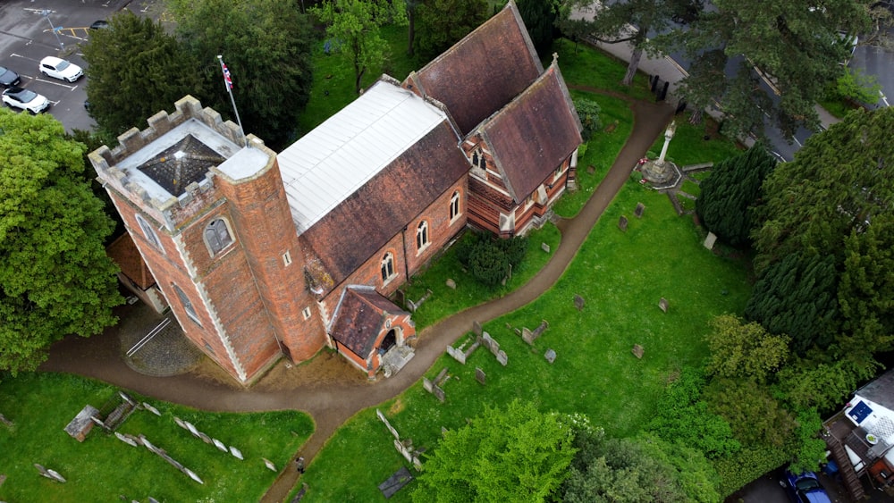 an aerial view of an old brick building