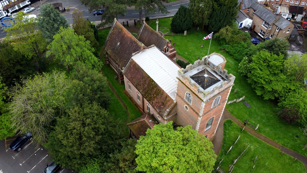 an aerial view of an old brick building