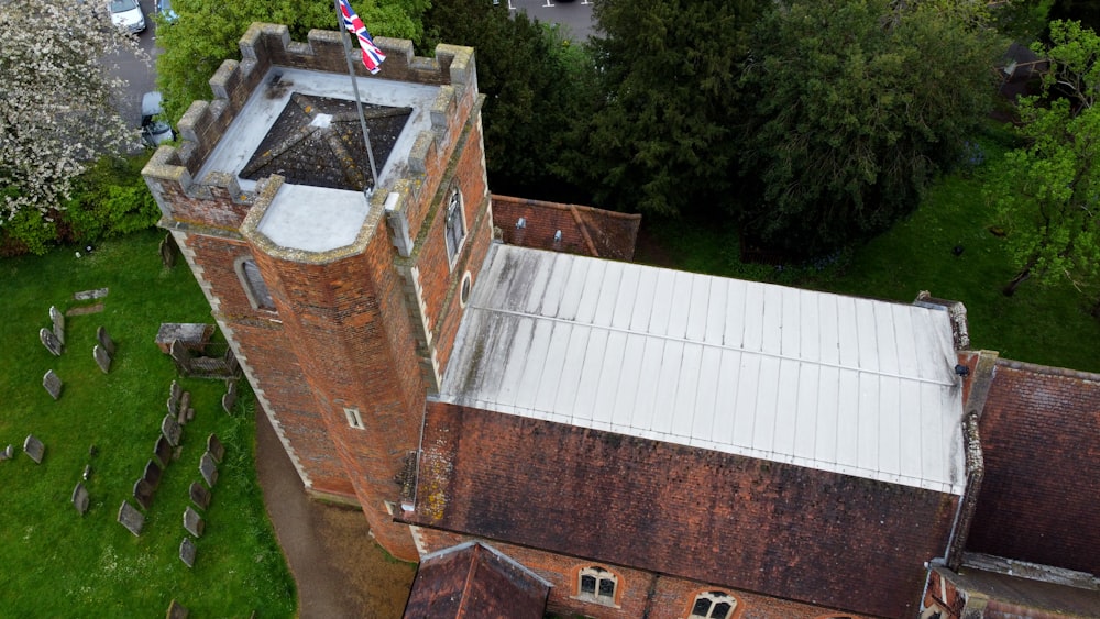 an aerial view of an old brick building