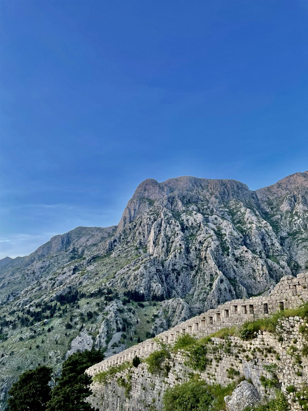 a view of a mountain range from the top of a hill