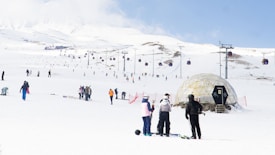 A snowy landscape with numerous people skiing and snowboarding. In the foreground, a group is standing near a geodesic dome structure, while a ski lift with cable cars is visible in the background. The scene is bright and clear, set against a backdrop of white mountains.