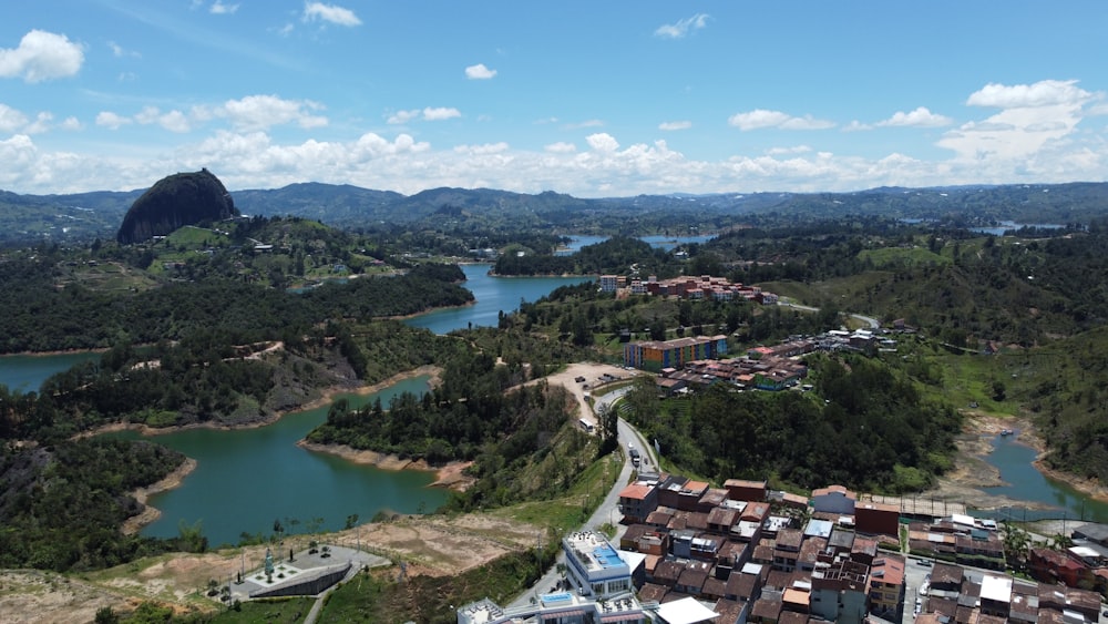 an aerial view of a city and a lake