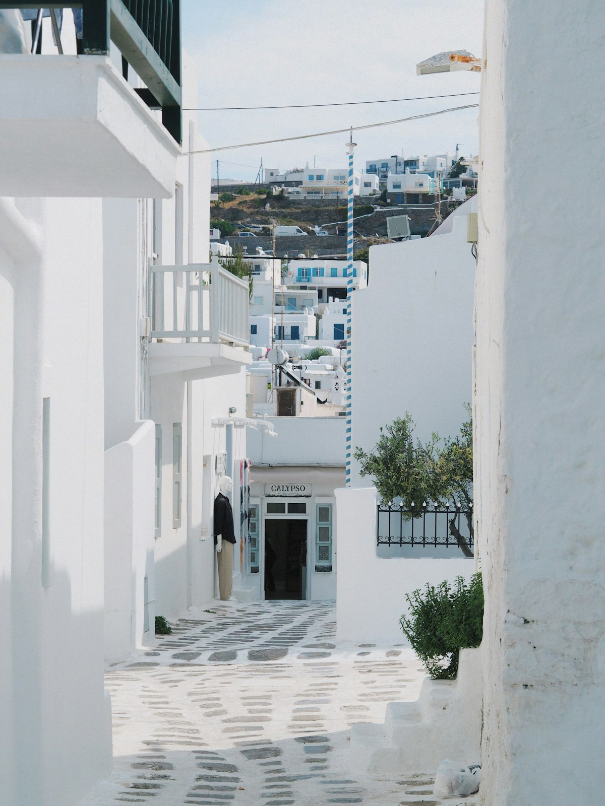 Mykonos May — narrow whitewashed alleyway in Chora with characteristic blue balconies in spring