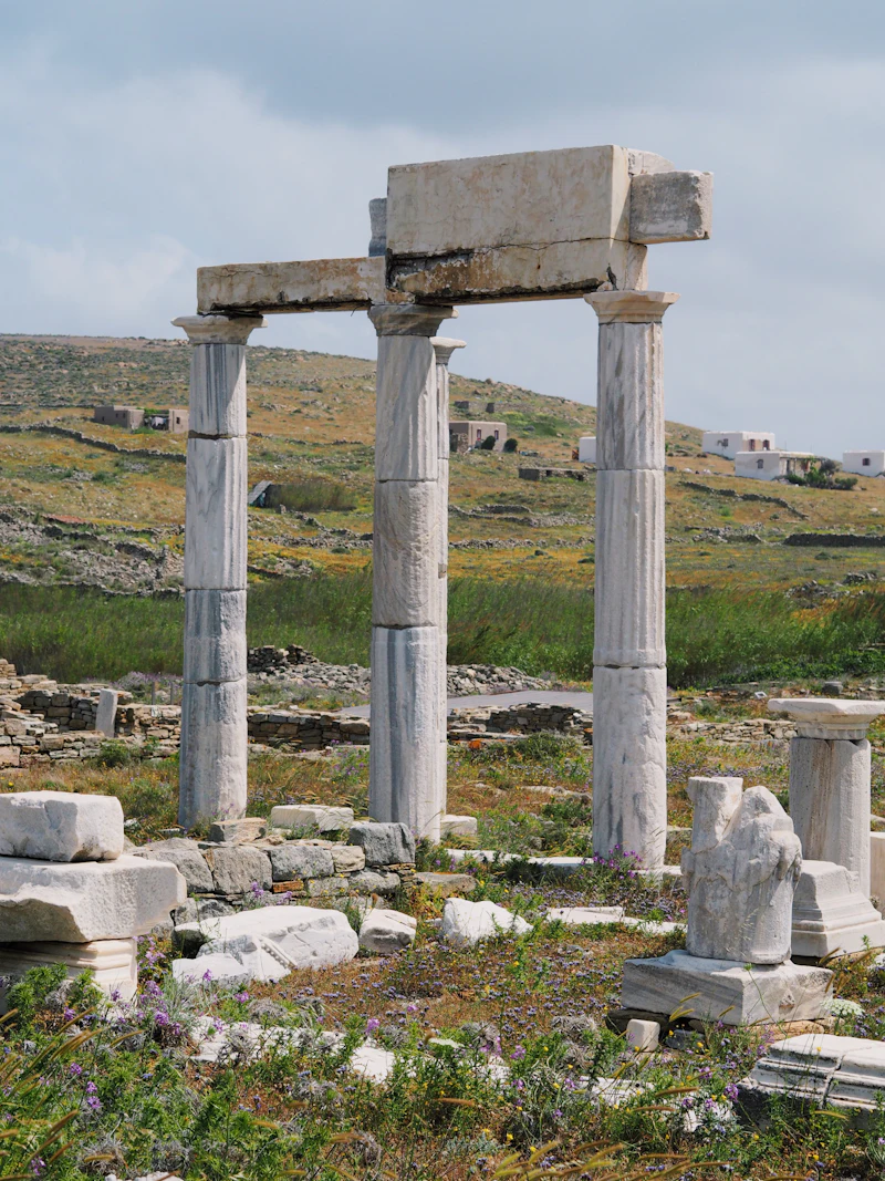 Marble columns standing among ruins on Delos