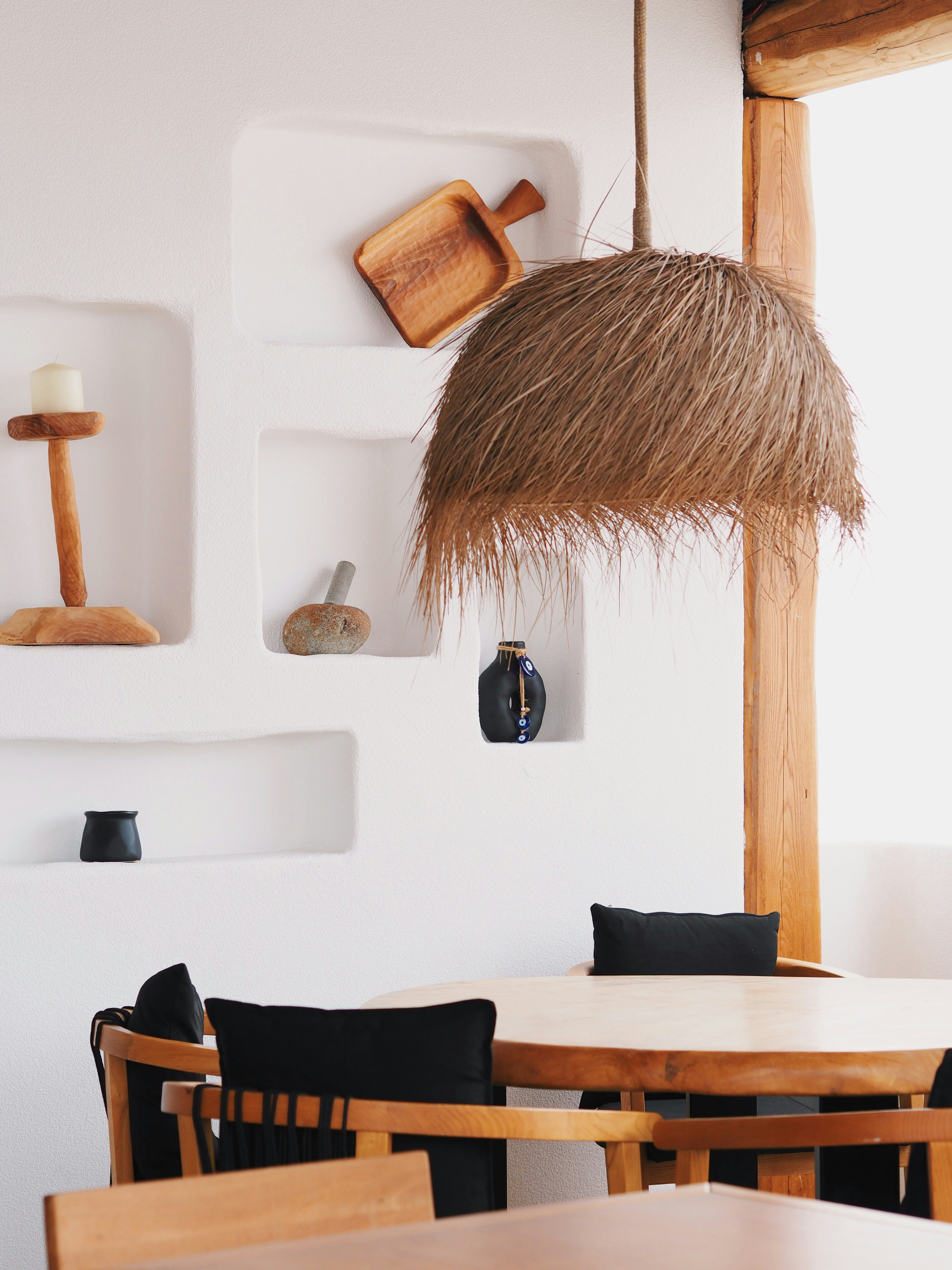 a table and chairs in a room with white walls