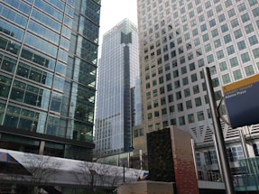 A cityscape featuring tall modern office buildings with large glass windows and reflective surfaces. A prominent sign near the bottom right corner reads 'Canary Wharf Adams Plaza'. Trees without leaves are visible in the foreground, along with a wall covered in greenery adding a touch of nature to the urban environment.