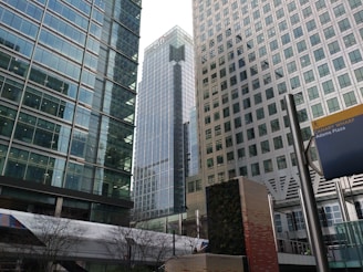 A cityscape featuring tall modern office buildings with large glass windows and reflective surfaces. A prominent sign near the bottom right corner reads 'Canary Wharf Adams Plaza'. Trees without leaves are visible in the foreground, along with a wall covered in greenery adding a touch of nature to the urban environment.
