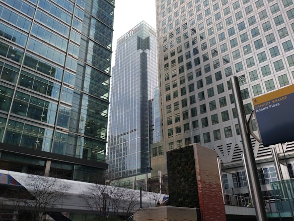 A cityscape featuring tall modern office buildings with large glass windows and reflective surfaces. A prominent sign near the bottom right corner reads 'Canary Wharf Adams Plaza'. Trees without leaves are visible in the foreground, along with a wall covered in greenery adding a touch of nature to the urban environment.