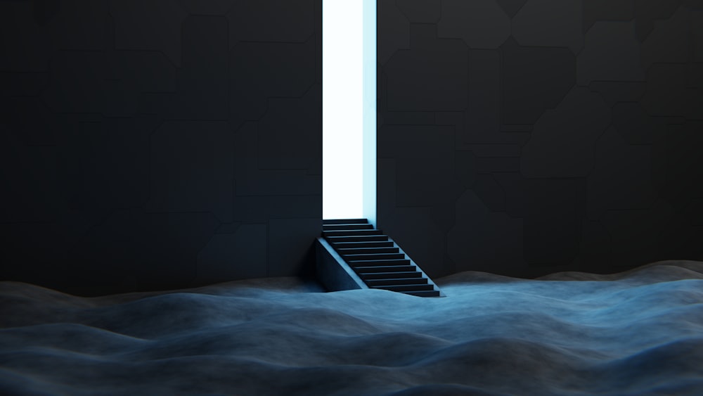a stairway leading to a bright light in a dark room