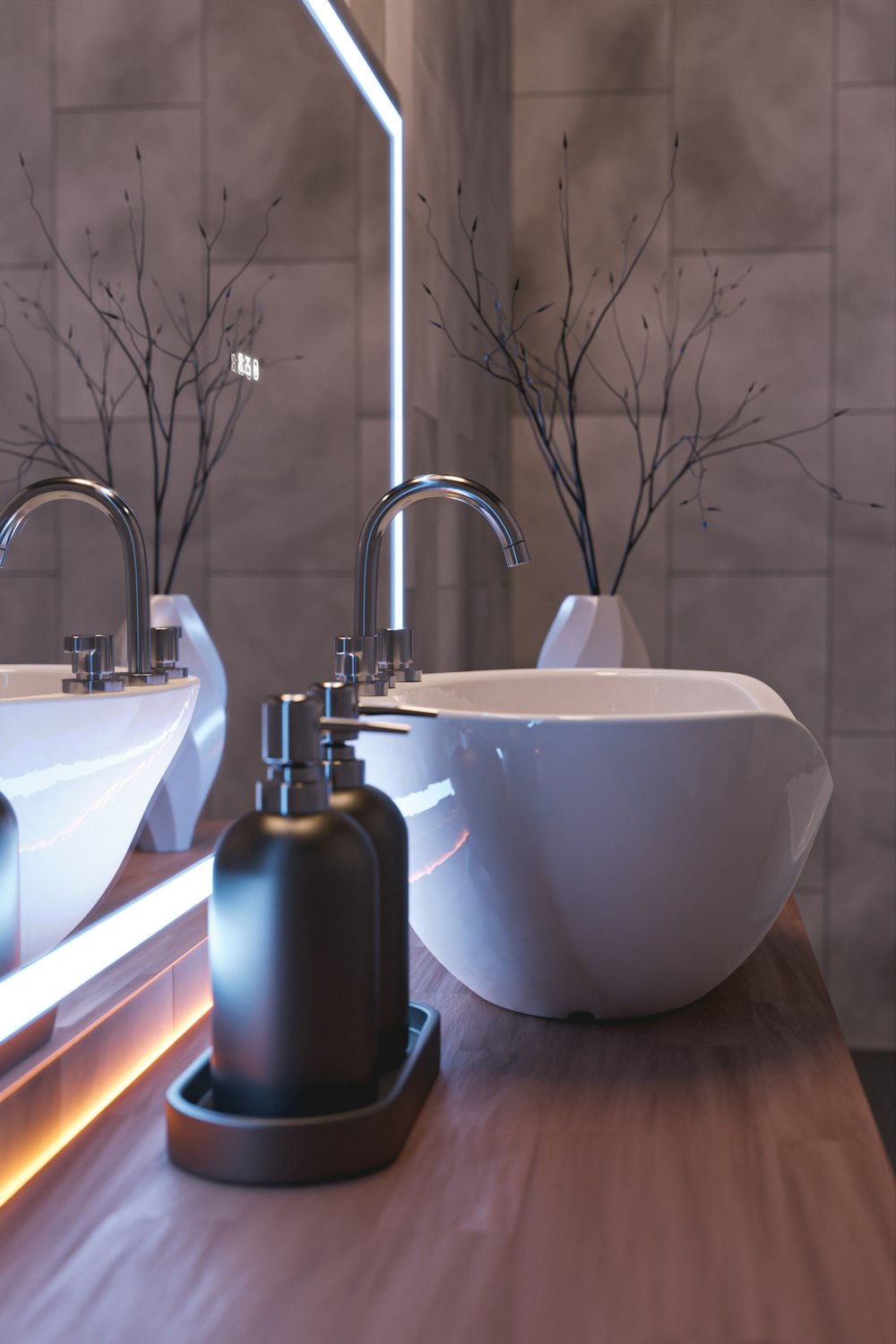 a bathroom with two sinks and a mirror