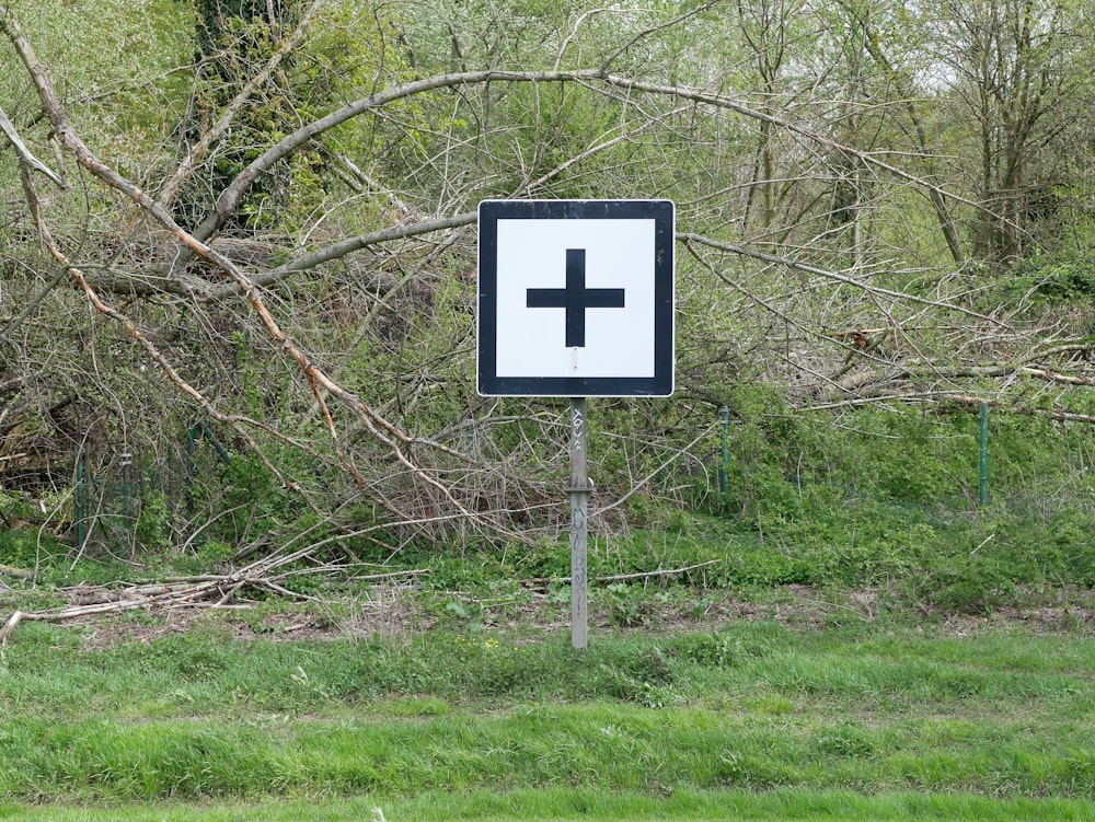 a street sign in a grassy area with trees in the background