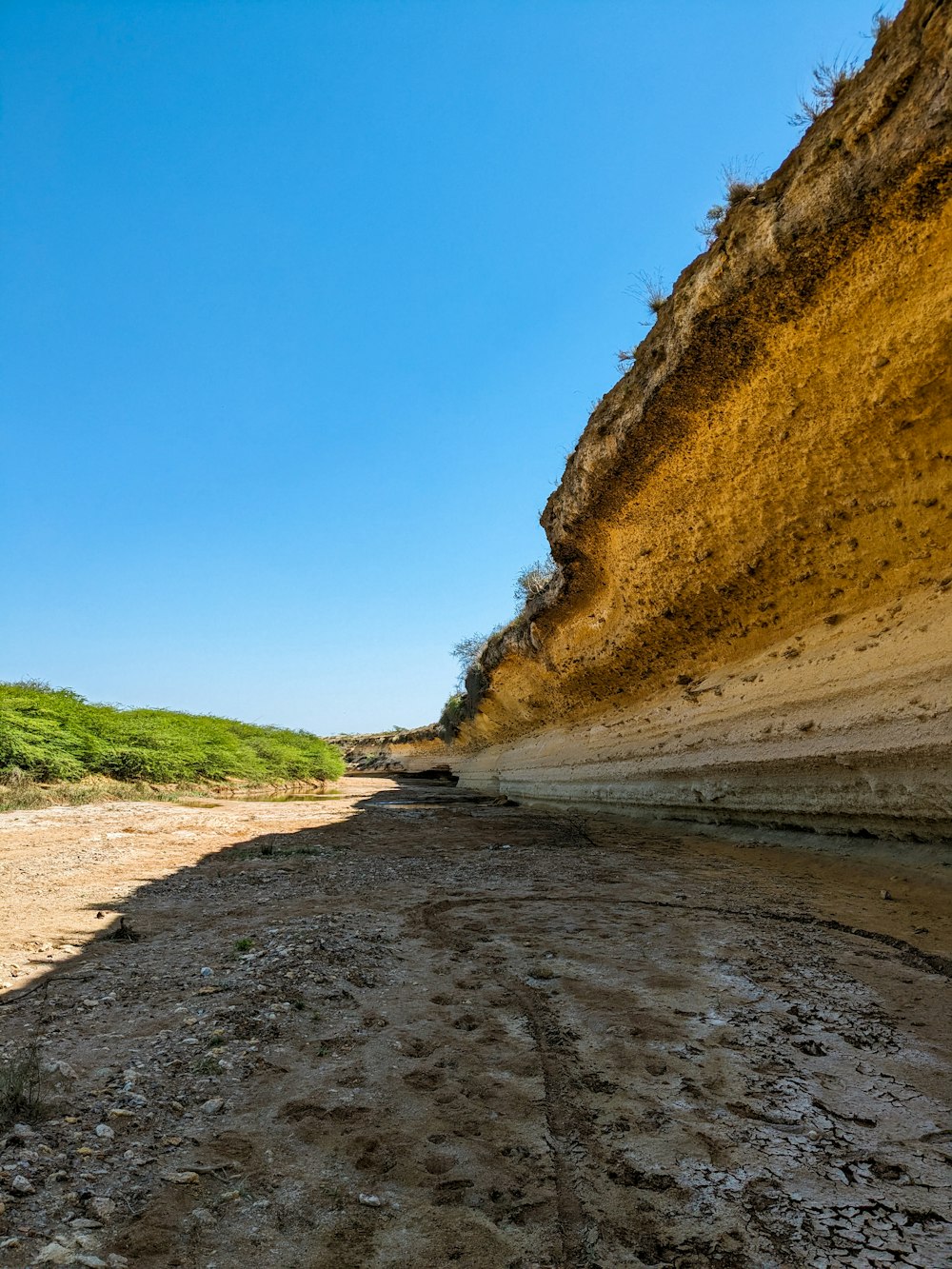 a dirt road with a cliff in the background