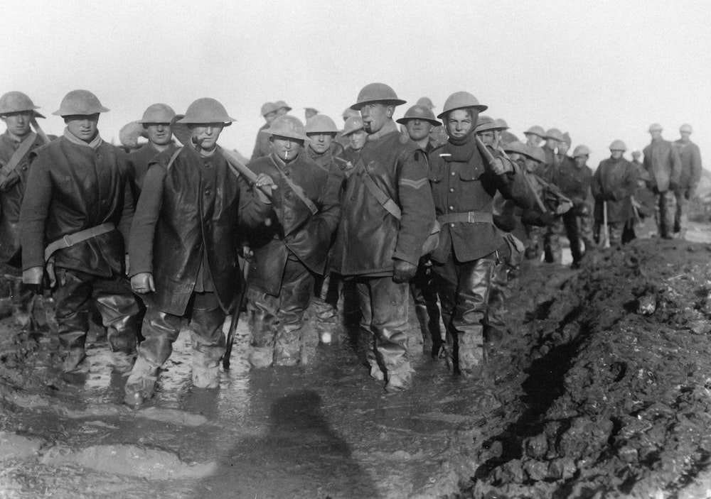 a black and white photo of a group of soldiers