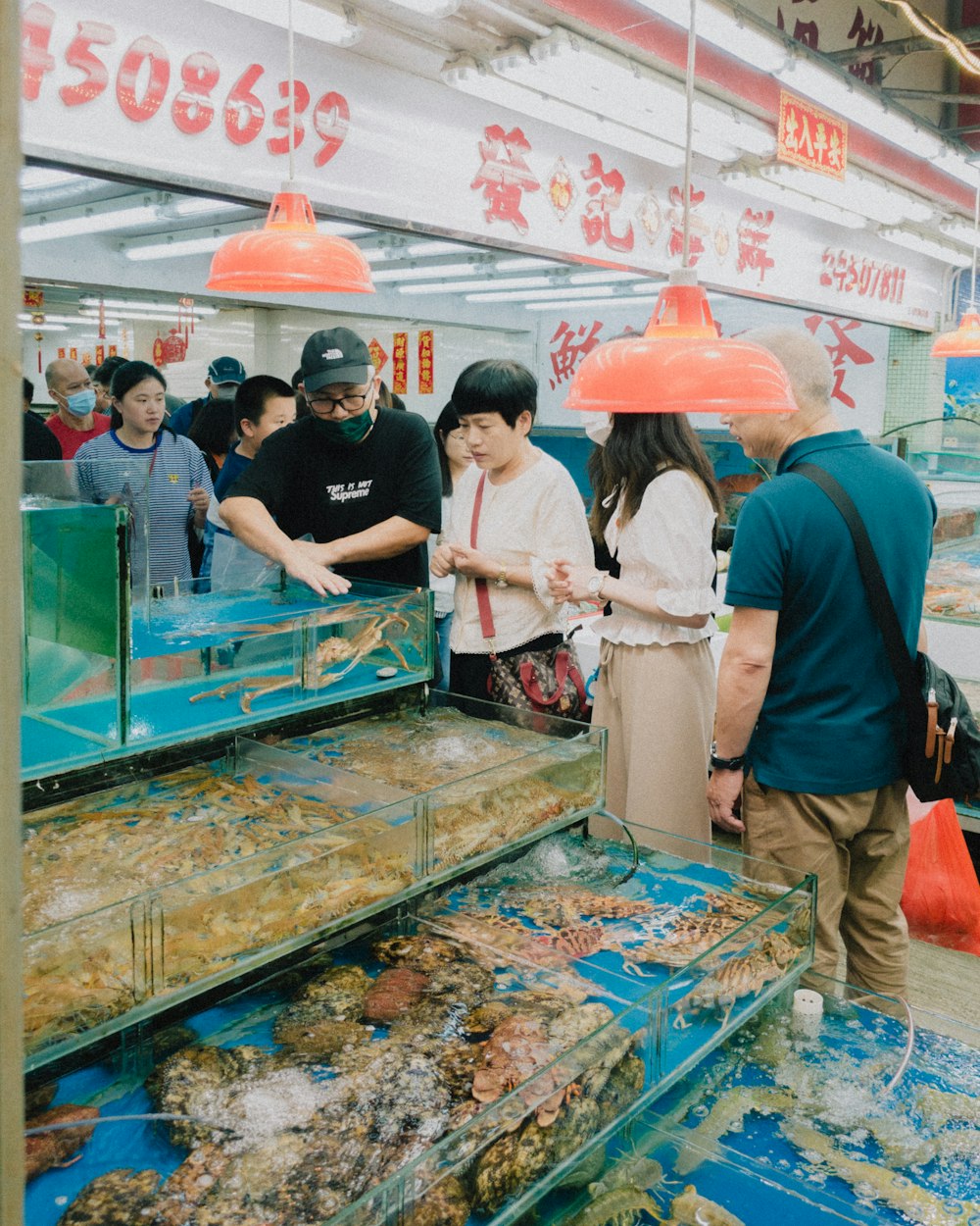 a group of people standing around a fish market