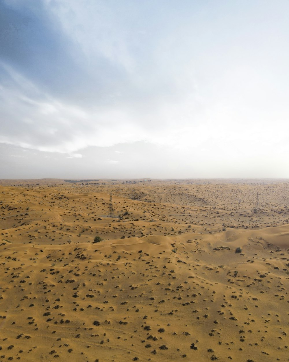 an aerial view of a desert with sparse grass