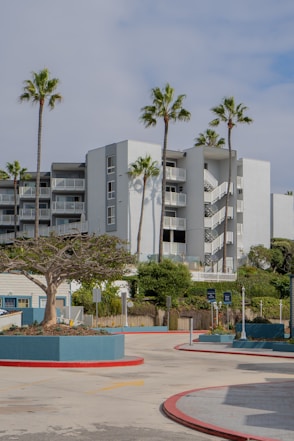 A modern multi-story apartment building with balconies surrounded by tall palm trees under a partly cloudy sky. The courtyard features landscaped planters with small trees and shrubs, and the road is lined with red and blue curbs.