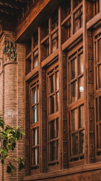 A traditional wooden-framed window with intricate detailing set against a backdrop of a brick wall. The window features multiple glass panes and decorative metallic knobs. Near the lower left corner, a small green tree adds a touch of nature.