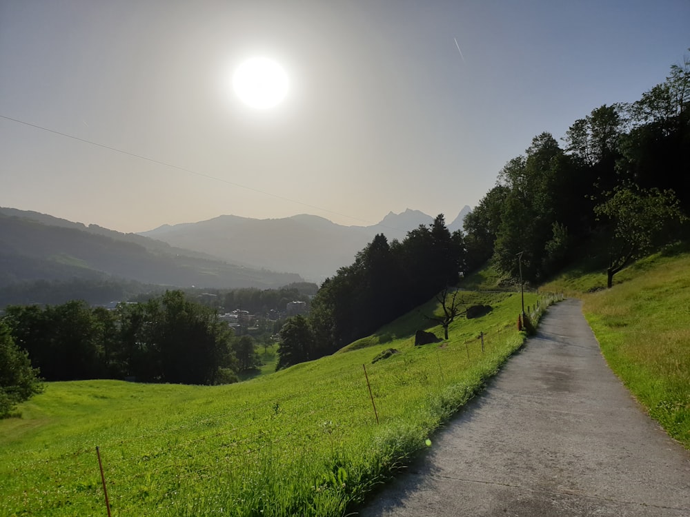 the sun is shining over a grassy hill