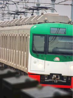 A close-up of a modern electric train powered by advanced semiconductor technology.