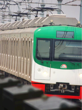 A close-up of a modern electric train powered by advanced semiconductor technology.