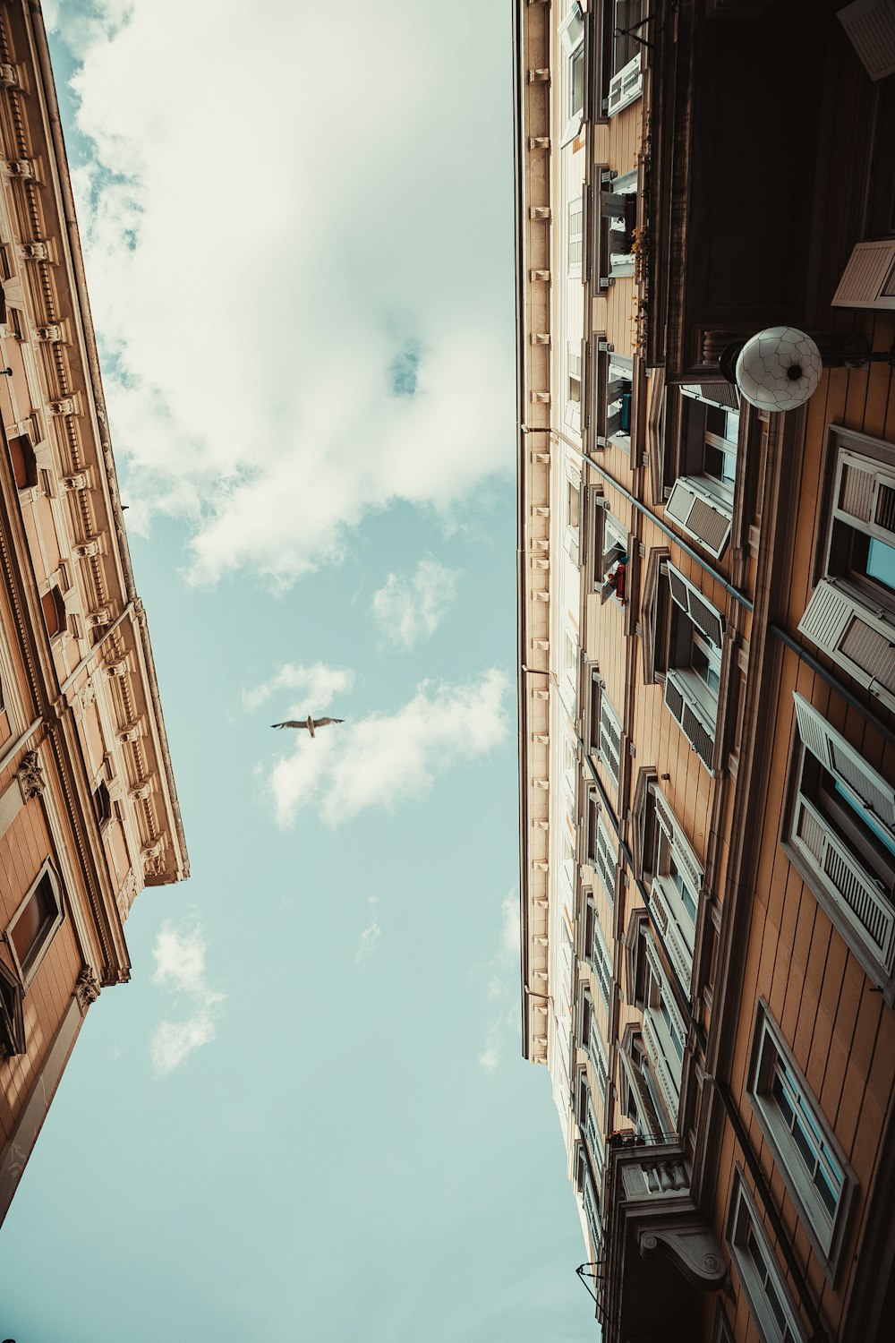 an airplane flying in the sky between two buildings