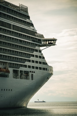 The image shows a close-up of the bow of a large cruise ship docked near the shoreline. The ship has multiple decks with rows of windows, and there's a lifeboat partially visible on the side. In the background, a small boat can be seen on the water under a mostly cloudy sky.