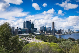 A vibrant city skyline showcasing international business activity.