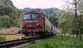 A vintage red locomotive heads a train through a scenic landscape. Surrounding the train are lush green hills and densely forested mountains. Blossoming trees line the tracks, and a small rustic building with a tiled roof is visible in the background. A railway signal stands near the tracks, enhancing the rural ambiance.