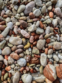 A collection of smooth, rounded pebbles in various sizes, colors, and textures. The stones range from earthy reds and browns to soft greys and off-whites, with some displaying intricate patterns and natural markings.