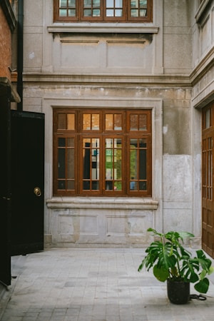 The image presents a courtyard scene featuring a plant in a pot placed on a tiled floor. A building facade with large wooden framed windows occupies the background, displaying variations of grey and brown tones. The mix of natural and architectural elements creates a serene and structured atmosphere.