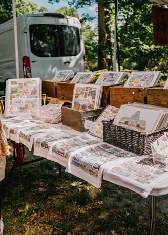A display of printed ephemera including art prints and special edition zines arranged on a wooden table.