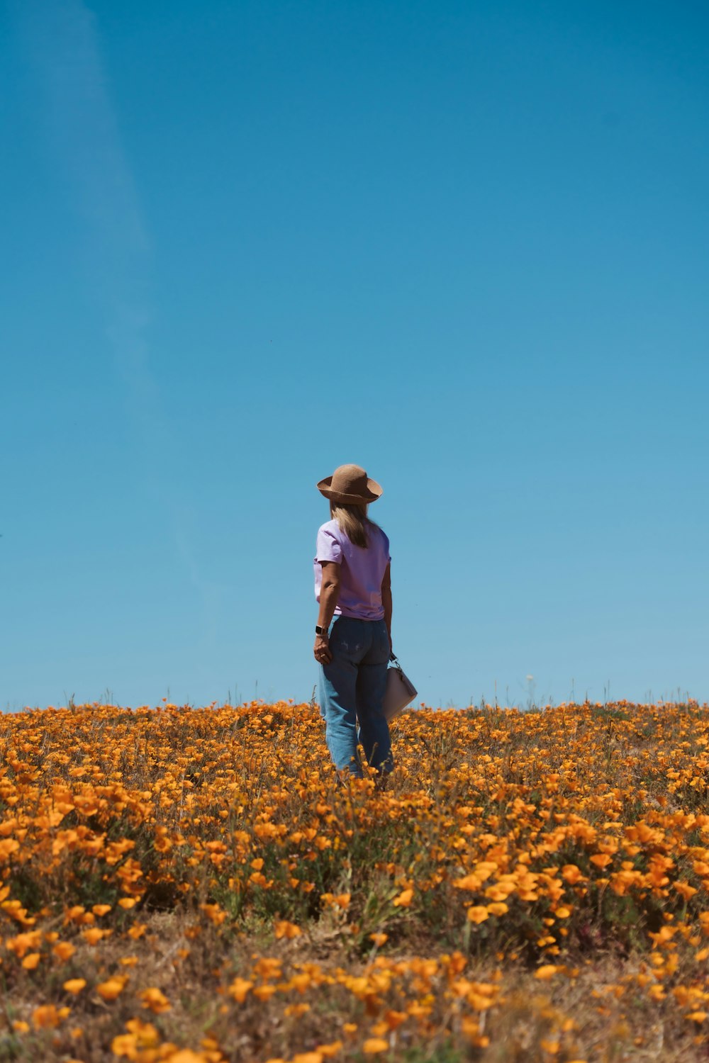 a person standing in a field of flowers