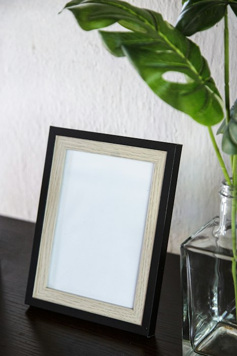 Empty picture frame on a shelf beside a plant