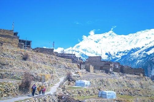 A mountainous village landscape with traditional stone houses positioned on terraces. The backdrop features snow-covered peaks under a bright blue sky. A few travelers walk along a path lined with dry shrubs, carrying supplies. Colorful prayer flags fly from poles scattered near the dwellings.
