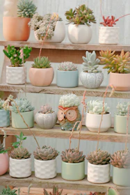 Artisanal pottery pots filled with diverse succulents arranged on rustic wooden shelves