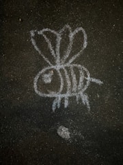 A simple chalk drawing of a bee on a dark, rough asphalt surface. The bee has three visible wings, a large eye, and stripes on its body.