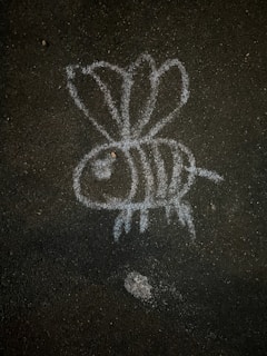 A simple chalk drawing of a bee on a dark, rough asphalt surface. The bee has three visible wings, a large eye, and stripes on its body.