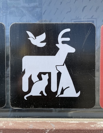 A graphic symbol illustrates various animals in a simplistic, minimalist style. The design features a large deer in the center, a cat at its feet, a seated dog to the side, and a bird flying above.