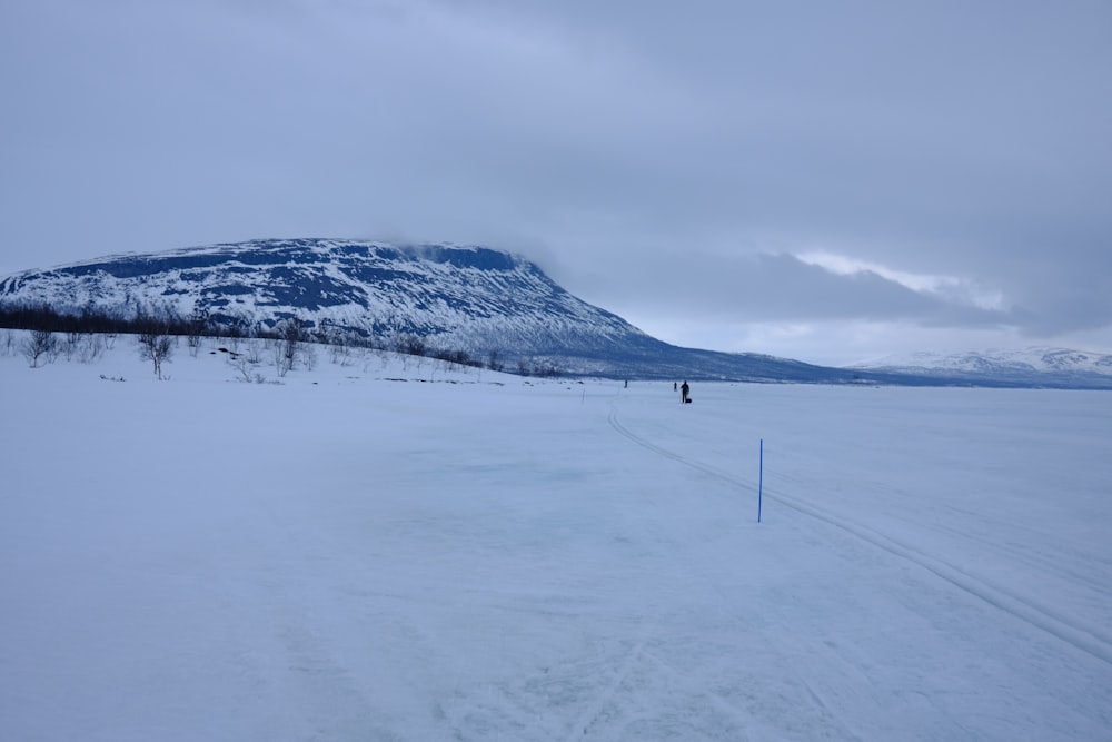 Un campo cubierto de nieve con una montaña al fondo