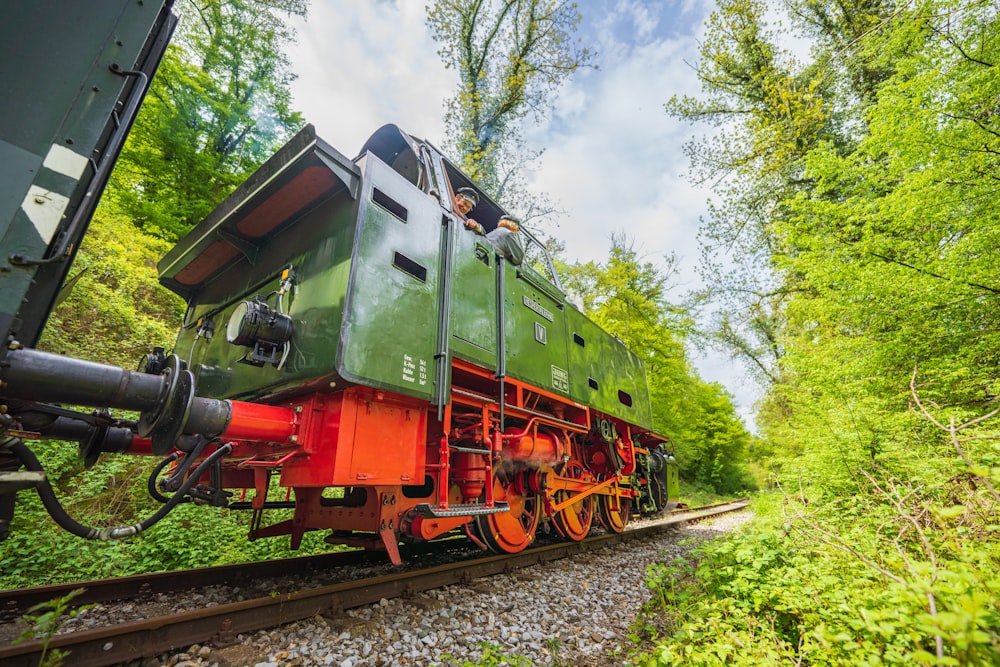 a train traveling through a lush green forest