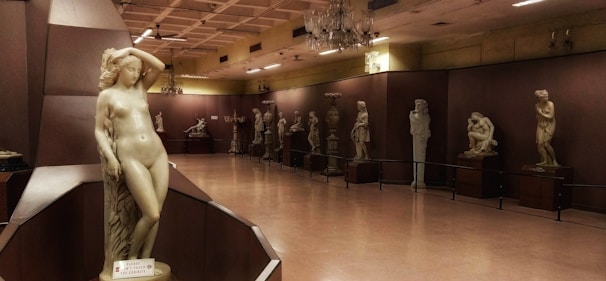 A museum gallery showcases a collection of classical sculptures displayed along a dimly lit hallway. The central focus is a large marble statue of a nude woman placed prominently in the foreground. The walls are lined with additional sculptures, each positioned on individual pedestals. The lighting is soft, casting subtle shadows and highlighting the intricate details of the art pieces.