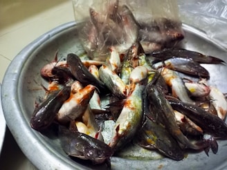 A large pile of small fish, mostly catfish, displayed on a metallic platter. The fish appear fresh and have some blood and scales visible. A transparent plastic bag containing more fish is partially visible in the background.